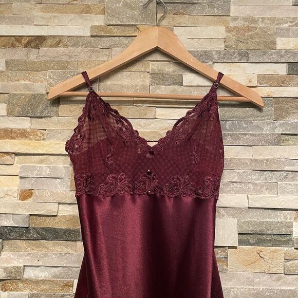 Eblin Lingerie S Satin Chemise | Burgundy Embroidered Lace Nightgown Slip Dress - Picture 7 of 9